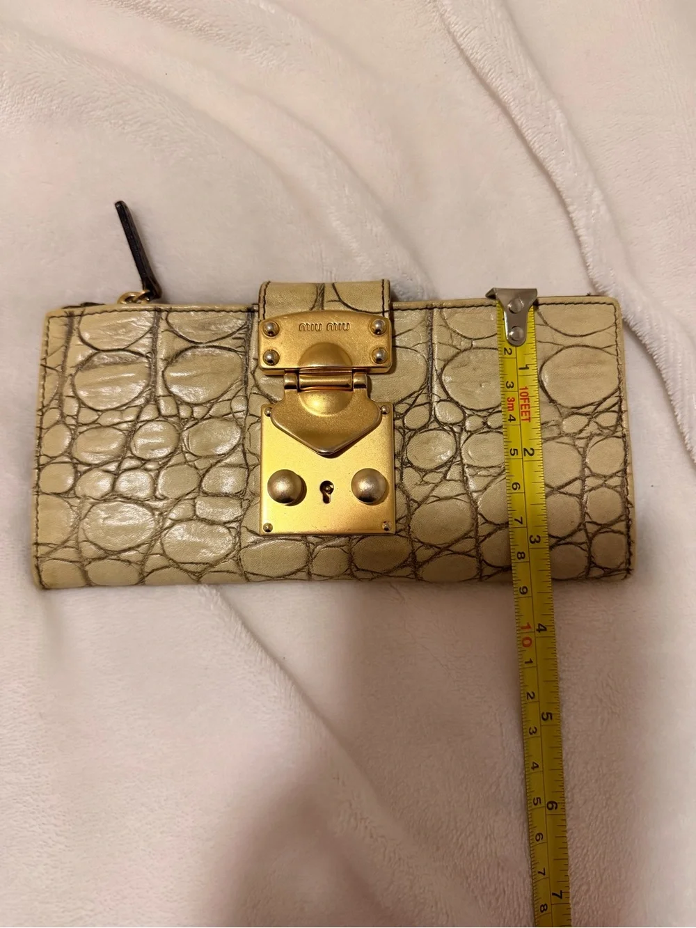 Miu Miu Croc-Embossed Beige Leather Card Holder with Gold Lock